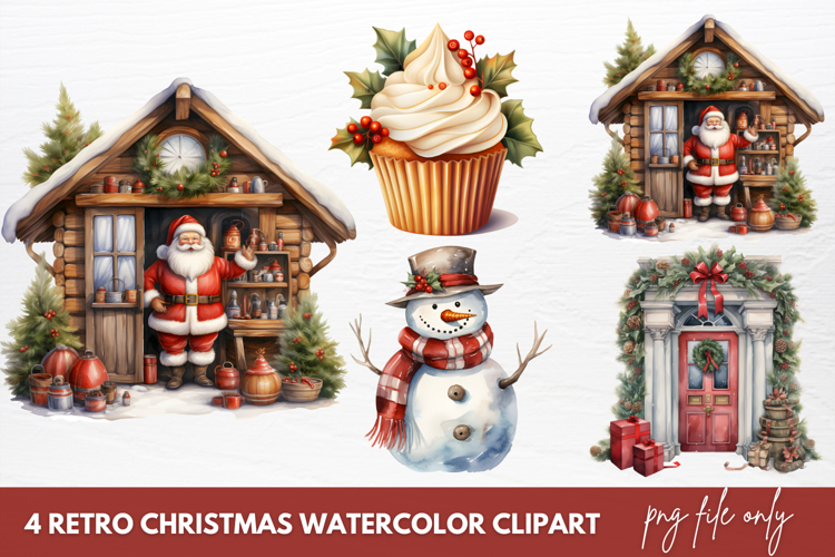 Retro Christmas Watercolor Sublimation Clipart
