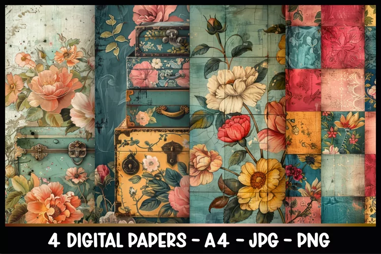 4 Vintage Floral Digital Papers I Junk Journal Page