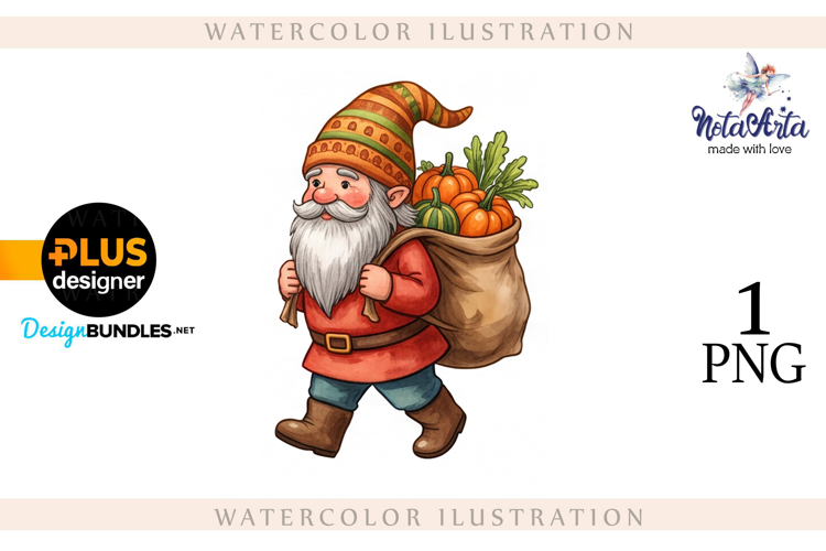 Gnomes with Pumpkin Harvest in Watercolor Style