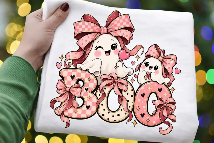 Coquette Halloween Ghost PNG Pink Bow BOO Cute Girly Ghost