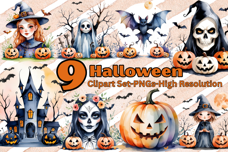 Watercolor Halloween Clipart Set | Pumpkins, Skulls & Bats