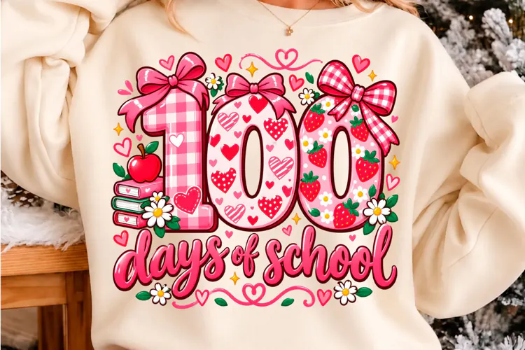 100 Days of School Strawberry Pink Bow PNG