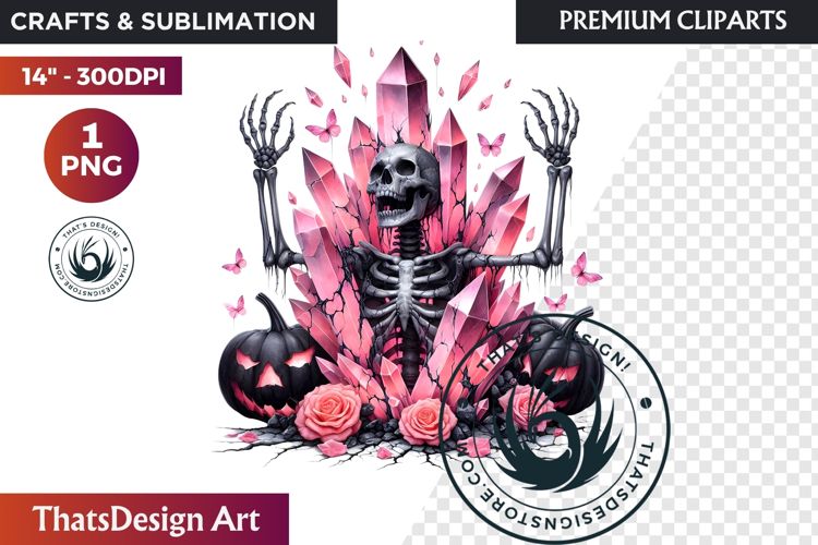 Pink & Black Gothic Halloween Skeleton Clipart PNG, Skull