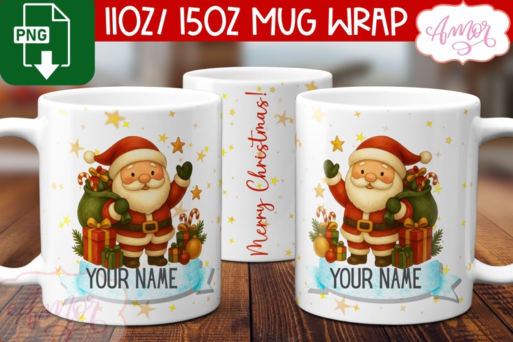 Custom Christmas mug wrap PNG, Cute Santa mug PNG