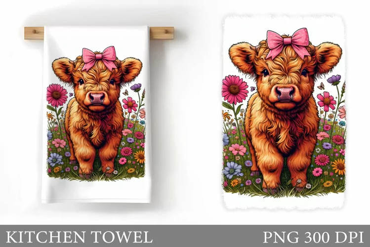 Highland Cow Kitchen Towel. Wildlowers Kitchen Towel Design