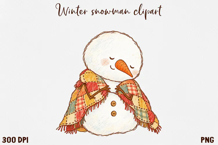 Cute Winter Snowman Clipart, Cozy Christmas Snowman PNG.