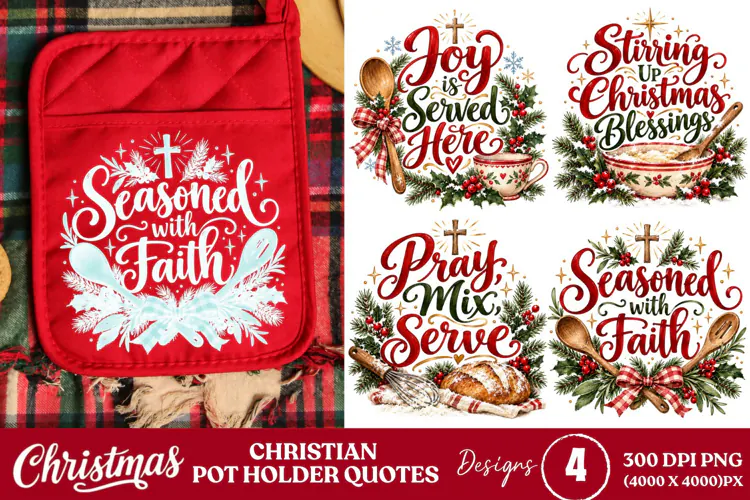 4 Christian Christmas Pot Holder PNGs, 4 Faith Christmas Pot