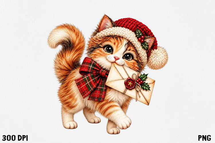 Cute Christmas Cat Clipart PNG | Whimsical Holiday Kitty
