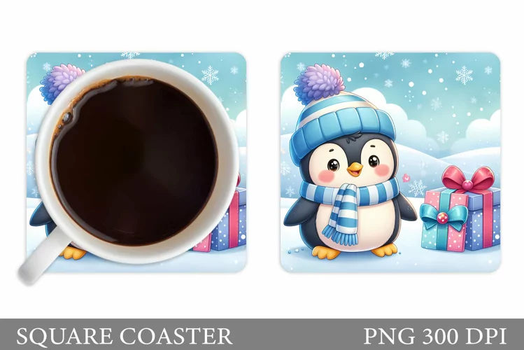 Cute Penguin Coaster Sublimation. Christmas Coaster Design