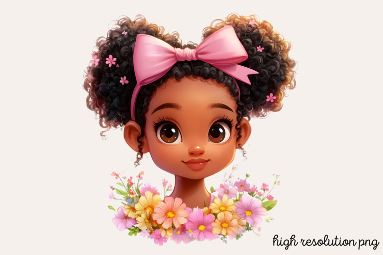 Cute Black Girl with Flower Clipart PNG