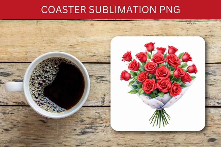 valentine square coaster - red roses bouquet example image 1