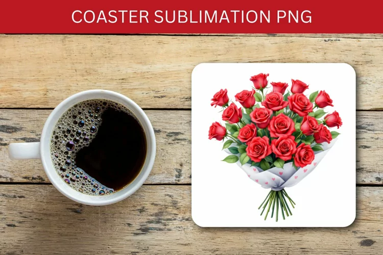 valentine square coaster - red roses bouquet