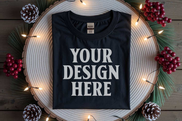 Gildan 64000 Black Folded Christmas Flat Lay T-shirt Mockup