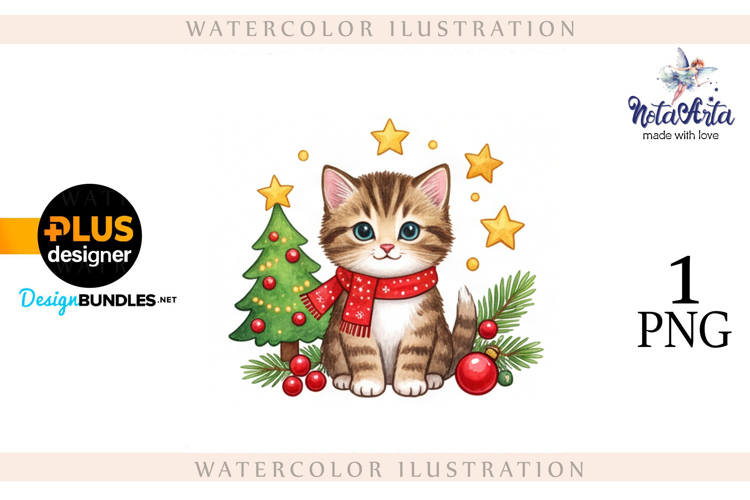 Christmas Kitten in Watercolor Style