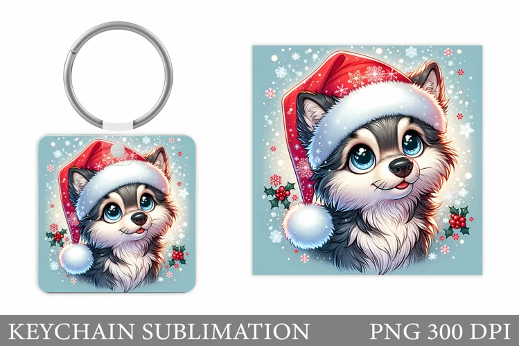 Christmas Wolf Keychain. Christmas Keychain Sublimation