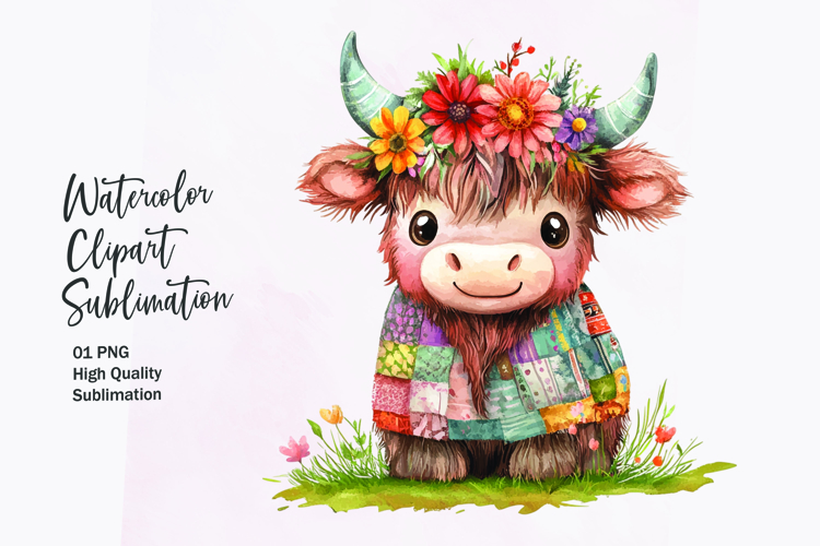 Watercolor kawaii highland cow patchwork patterned clipart