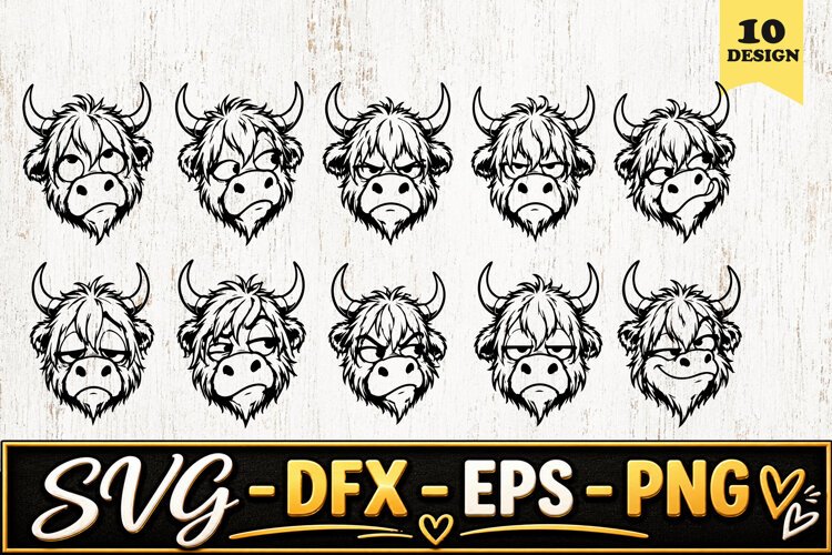 Grumpy Highland Cow Face SVG PNG example image 1