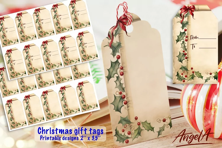 Christmas printable gift tag, retro paper, holly leaves