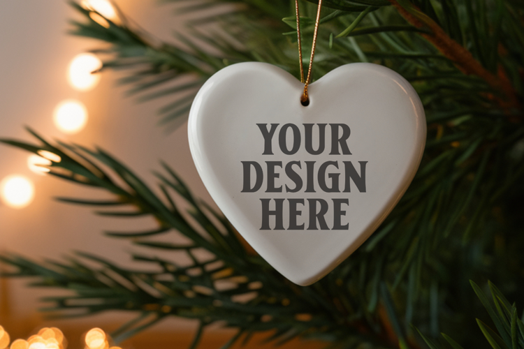 Romantic Christmas Ceramic Heart Ornament Mockup | Holiday