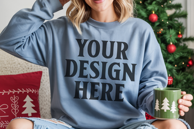 Comfort Colors 1566 Lagoon Blue Sweatshirt Mockup, Cozy Boho