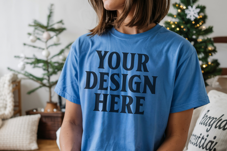 Christmas Comfort Colors 1717 Blue Jean T-Shirt Mockup Real