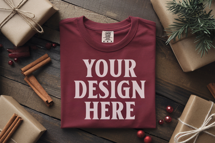 Crimson Comfort Colors 1717 Christmas Folded T-Shirt Mockup