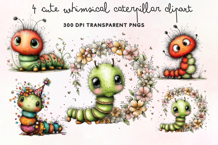 Cute Whimsical Caterpillar Clipart PNG example image 1