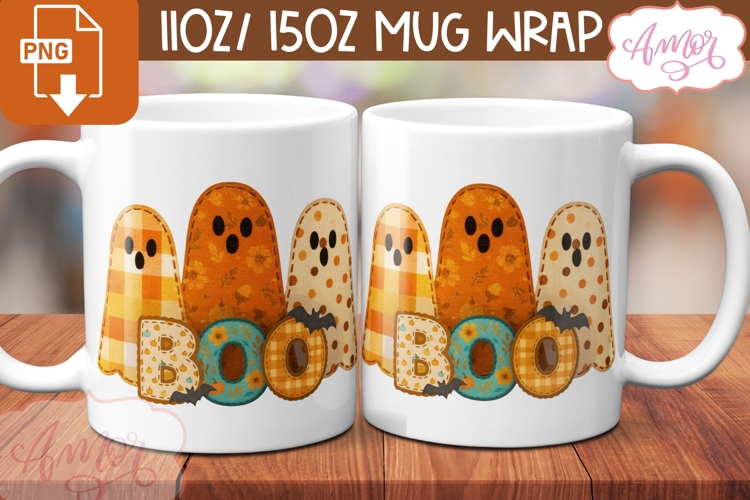 Boo mug wrap sublimation, Fall ghosts mug template