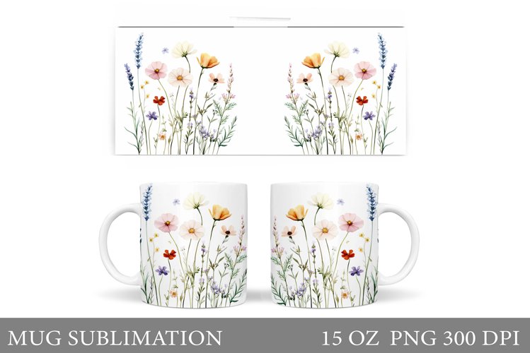Wildflowers Mug Sublimation. Flowers Mug Wrap Design