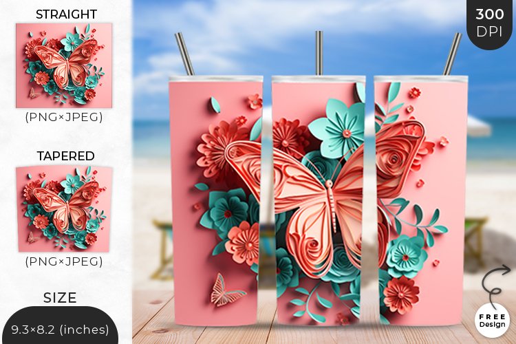3D Butterfly Tumbler Wrap| 3D Sublimation Wrap Design