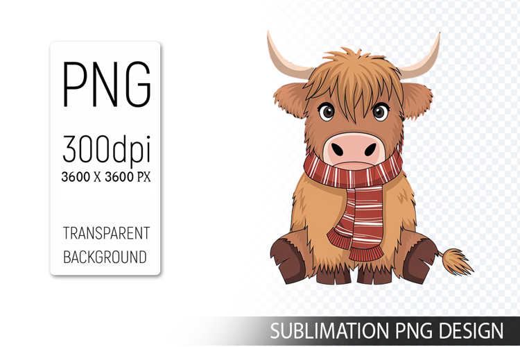 Cute Christmas Highland Cow , Animal Sublimation Clipart PNG