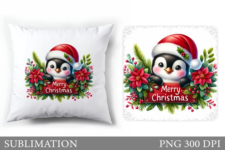 Cute Penguin Pillow Design. Christmas Pillow Sublimation example image 1