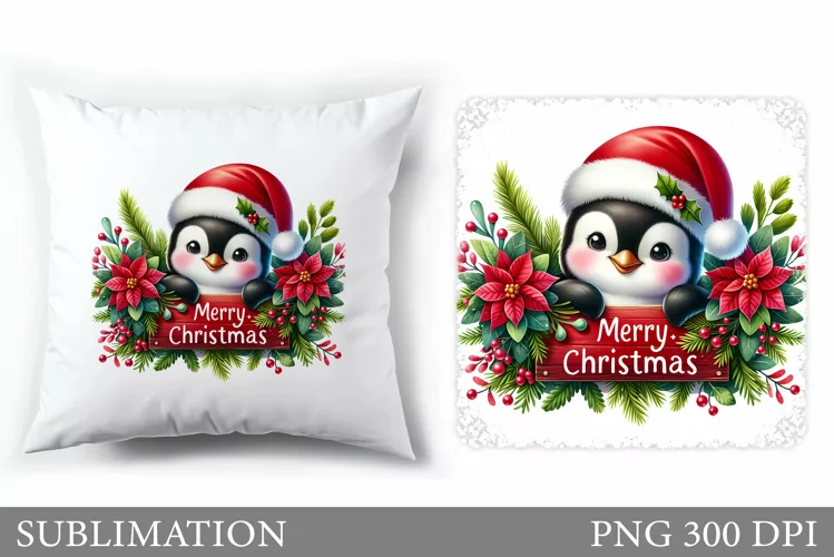 Cute Penguin Pillow Design. Christmas Pillow Sublimation