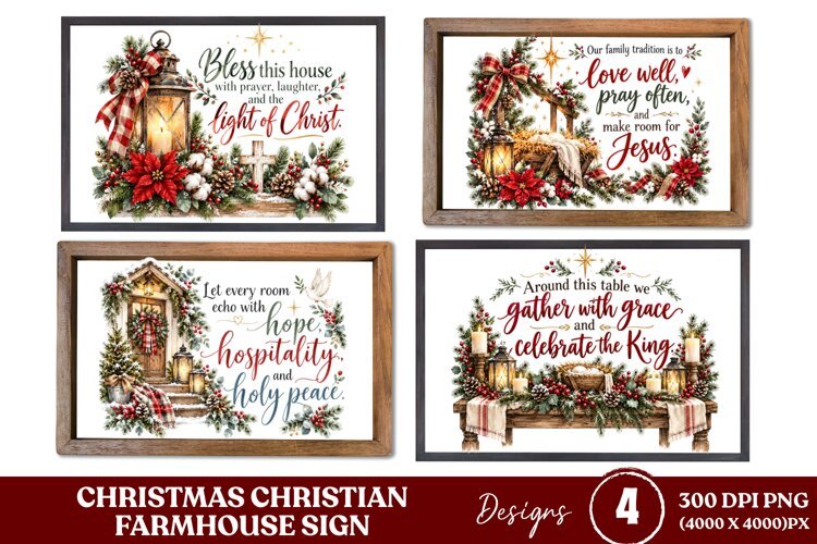 4 Christian Christmas Farmhouse Sign PNGs, 4 Rustic Christma example image 1
