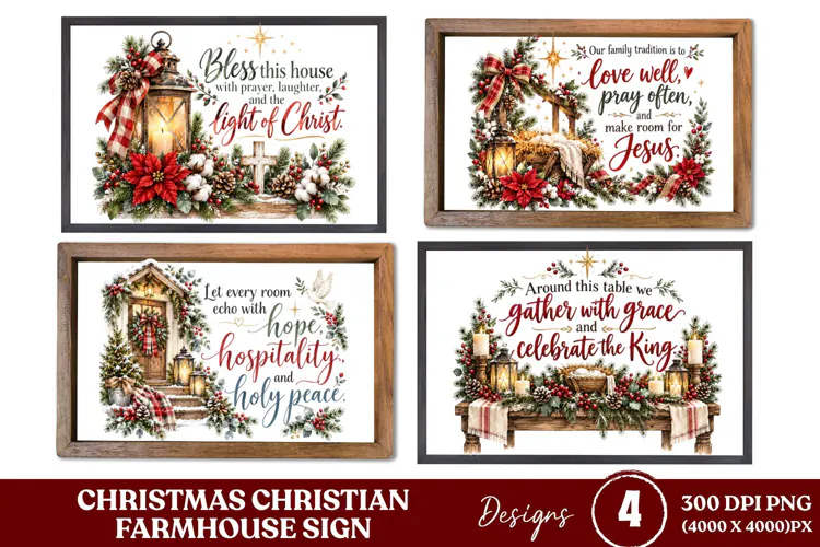 4 Christian Christmas Farmhouse Sign PNGs, 4 Rustic Christma