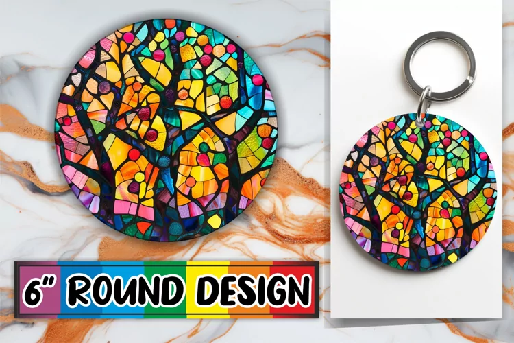 Stained Glass Tree Keychain Colorful Sublimation Round Desig