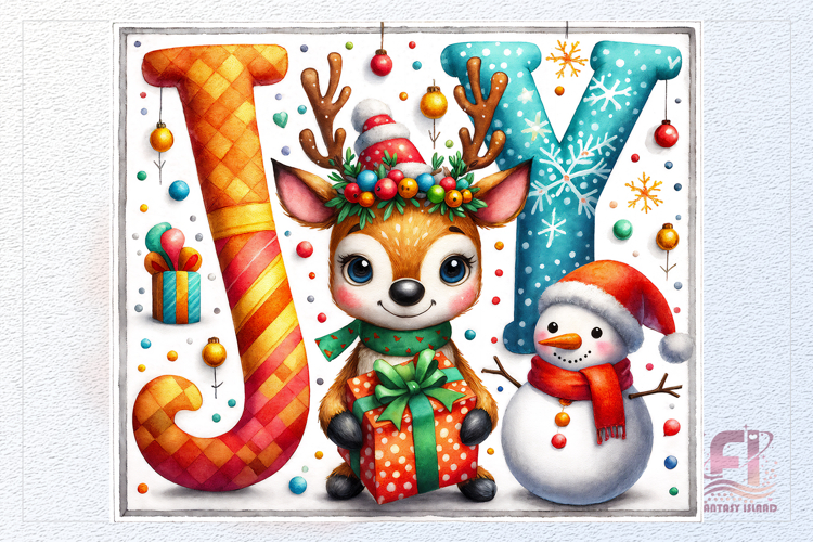 Christmas Joy Deer Snowman Watercolor Clipart PNG Holiday