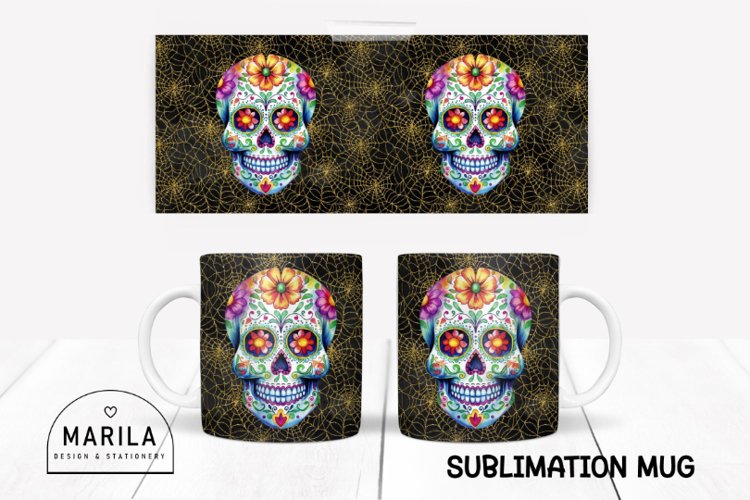 Floral Skull Mug Sublimation Design / halloween Mug #15 example image 1
