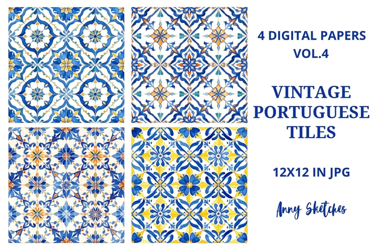 4 Vintage Portuguese Tiles Digital Paper Pack Azulejos