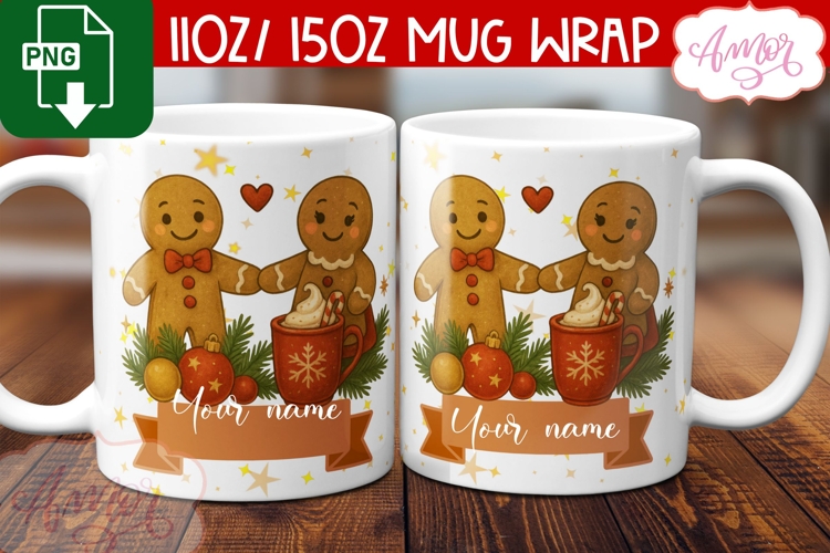 Cute Christmas mug wrap PNG, Gingerbread man mug template