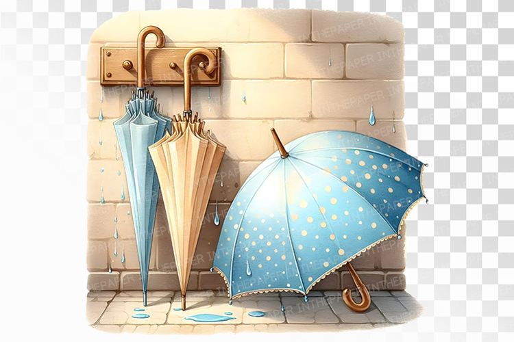Watercolor Wet Umbrella Drying Indoors Rainy Day Scene PNG