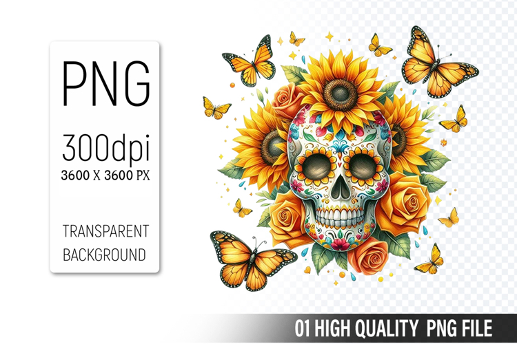 Sugar Skull Clipart PNG, Sublimation Skull Flowers