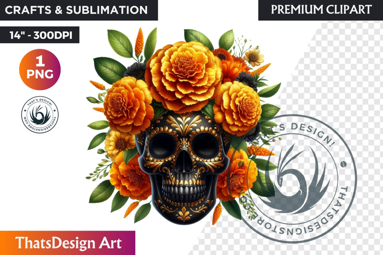 Floral Black Gold Sugar Skull Day of the Dead Clipart PNG