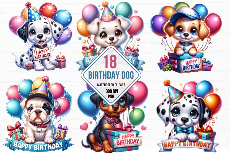 cute Birthday Dogs Clipart, Birthday Dogs Bundle example image 1