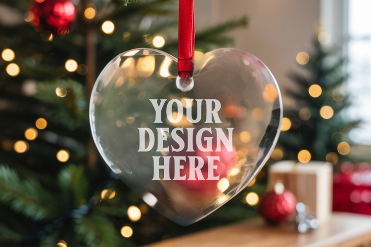 Christmas Heart Crystal Glass Ornament Mockup | Clear Heart