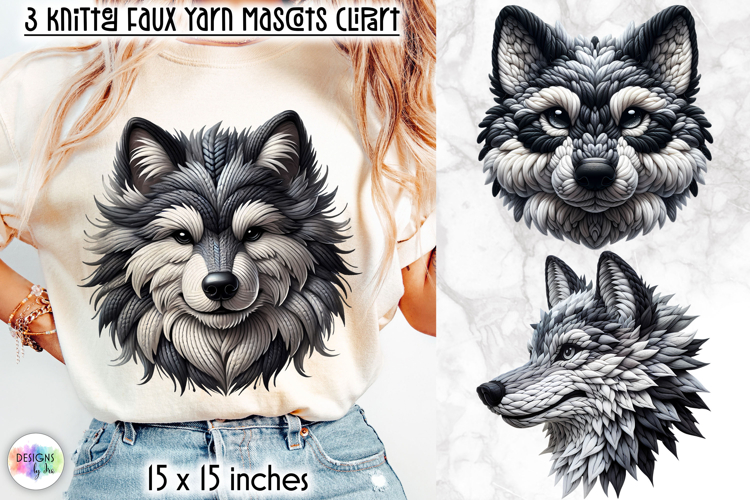 Knitted Wolf Clipart, Faux Yarn Plush Wolf Mascot, Crochet