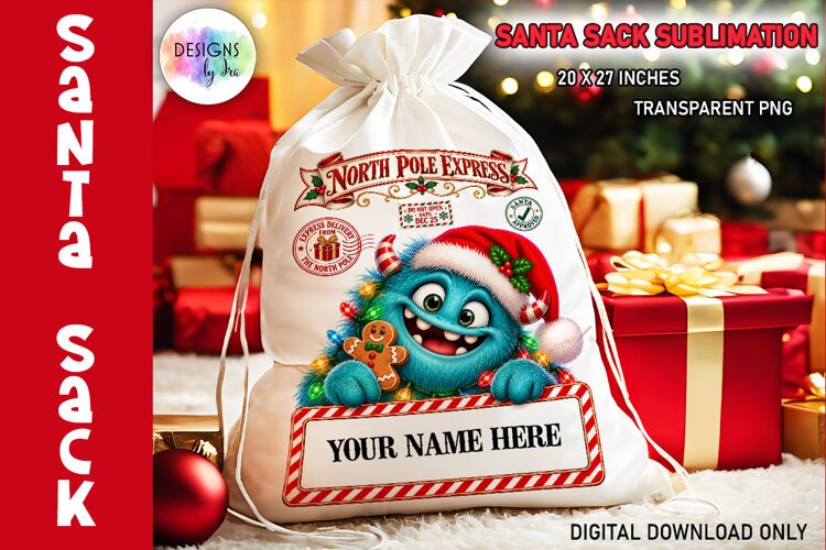 Cute Christmas Monster Santa Sack Sublimation PNG example image 1