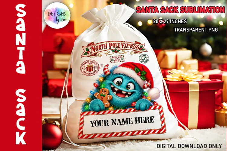 Cute Christmas Monster Santa Sack Sublimation PNG