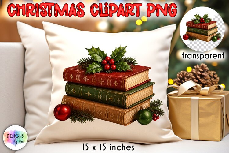 Vintage Christmas Book Stack and Holly Clipart PNG example image 1