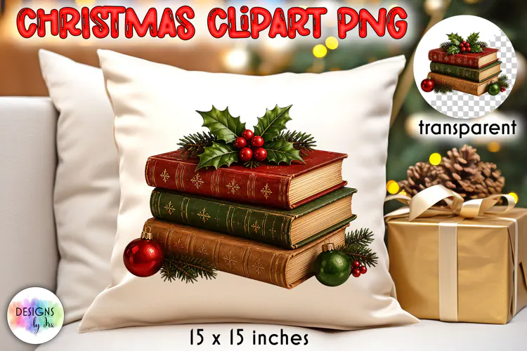 Vintage Christmas Book Stack and Holly Clipart PNG